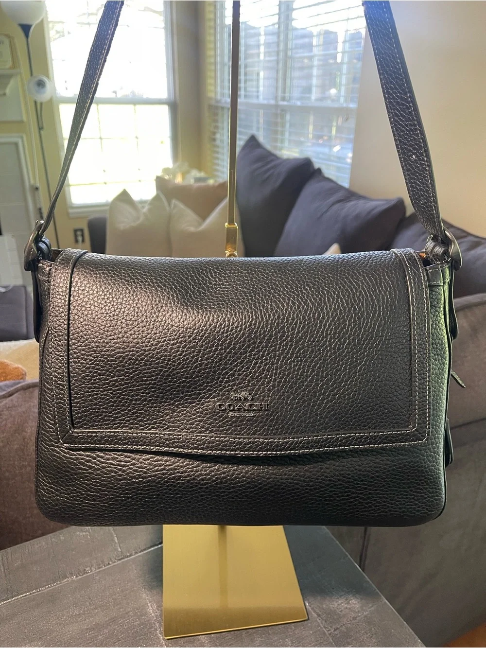 Coach Large Etta Flap Black Pebbled Leather Messenger Bag